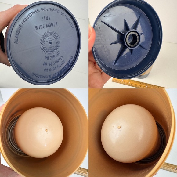 Vtg Aladdin Plastic Travel Thermos Tan Blue Pint Wide Mouth Decor Upcycle READ - Picture 9 of 11